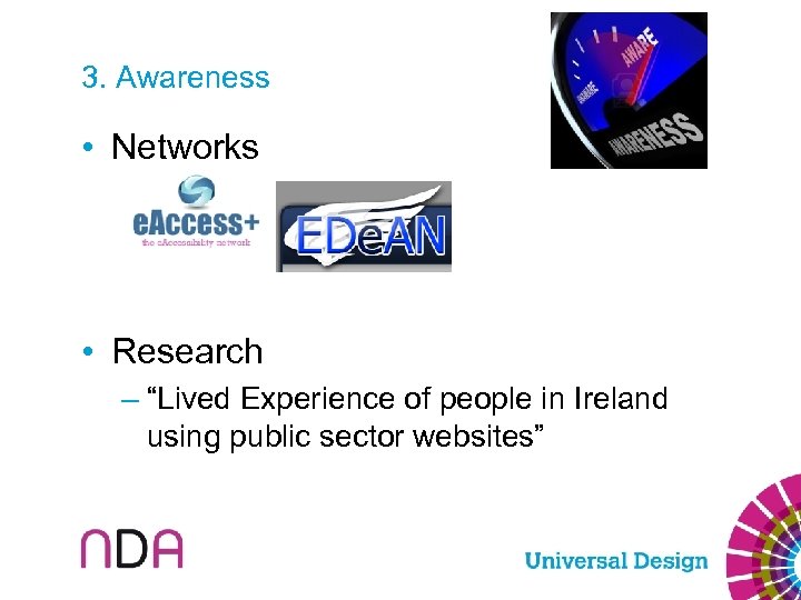 3. Awareness • Networks • Research – “Lived Experience of people in Ireland using