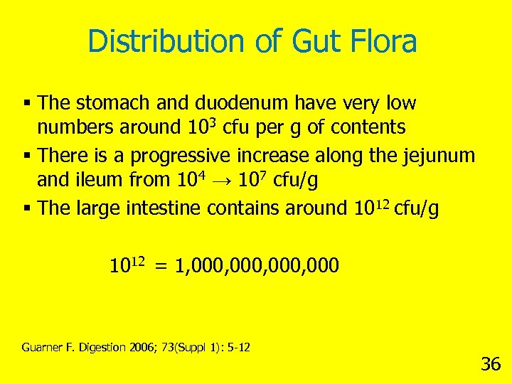 Distribution of Gut Flora § The stomach and duodenum have very low numbers around