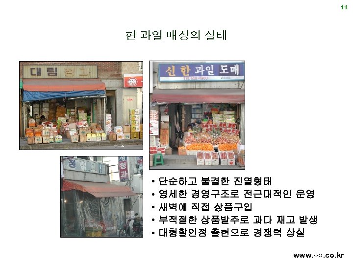 11 현 과일 매장의 실태 • • • 단순하고 불결한 진열형태 영세한 경영구조로 전근대적인