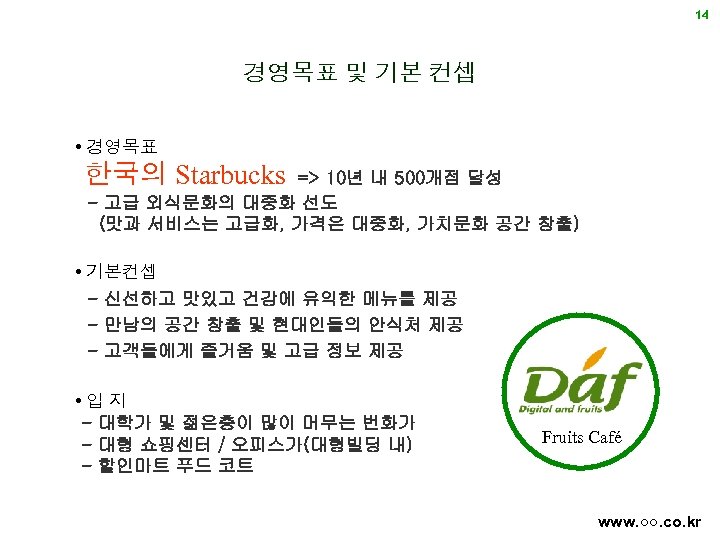 14 경영목표 및 기본 컨셉 • 경영목표 한국의 Starbucks => 10년 내 500개점 달성