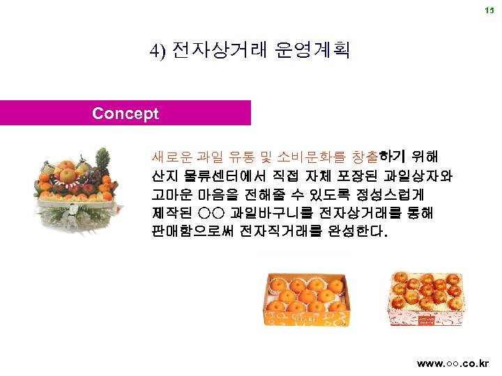 15 4) 전자상거래 운영계획 Concept 새로운 과일 유통 및 소비문화를 창출하기 위해 산지 물류센터에서