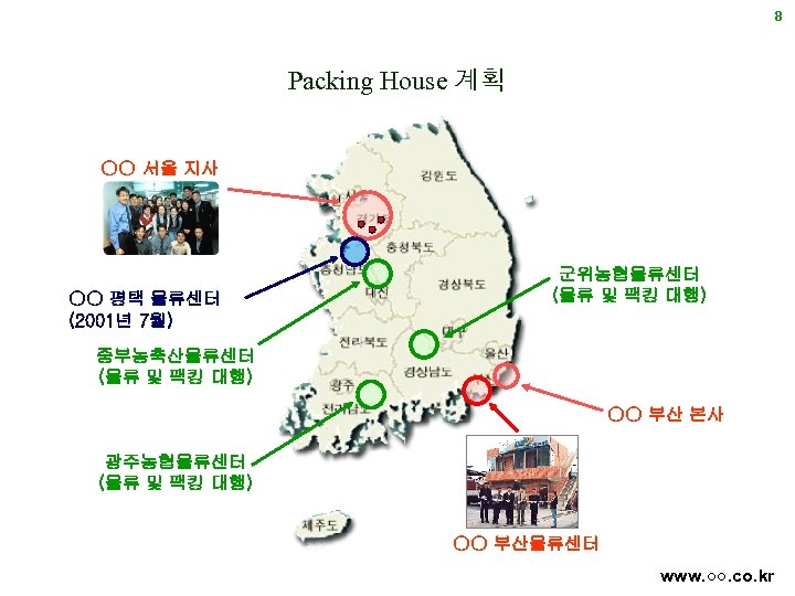 8 Packing House 계획 ○○ 서울 지사 ○○ 평택 물류센터 (2001년 7월) 군위농협물류센터 (물류