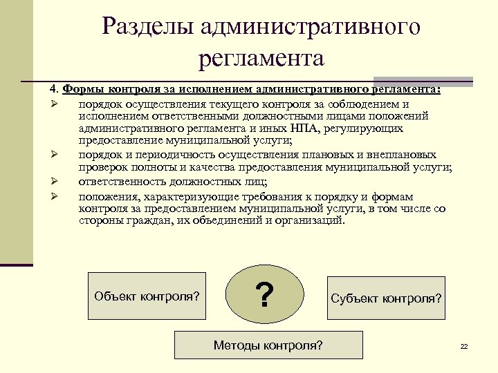 Разделы административного регламента 4. Формы контроля за исполнением административного регламента: Ø порядок осуществления текущего
