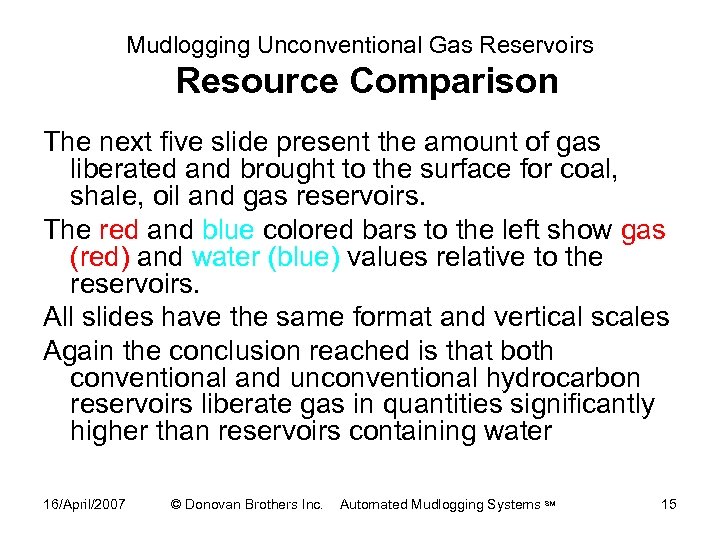 Mudlogging Unconventional Gas Reservoirs Resource Comparison The next five slide present the amount of