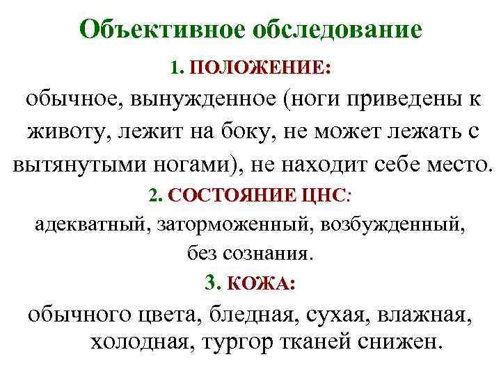 Объективное обследование 1. ПОЛОЖЕНИЕ: обычное, вынужденное (ноги приведены к животу, лежит на боку, не