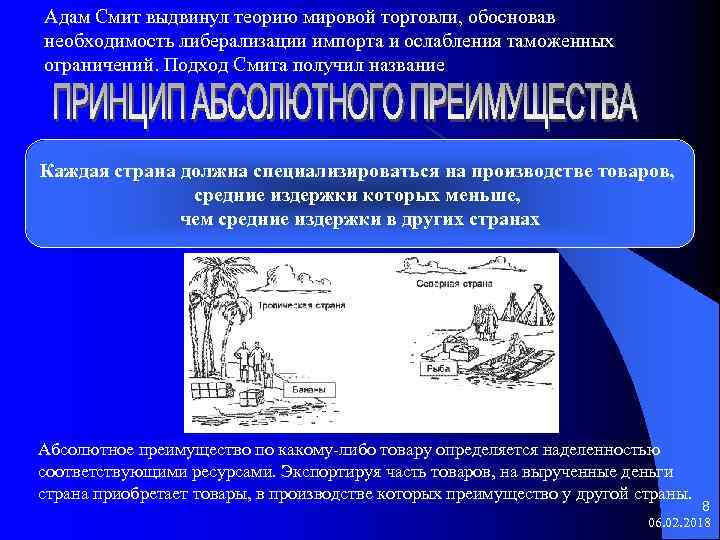 Адам Смит выдвинул теорию мировой торговли, обосновав необходимость либерализации импорта и ослабления таможенных ограничений.