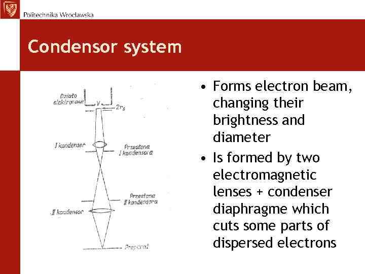 Condensor system • Forms electron beam, changing their brightness and diameter • Is formed