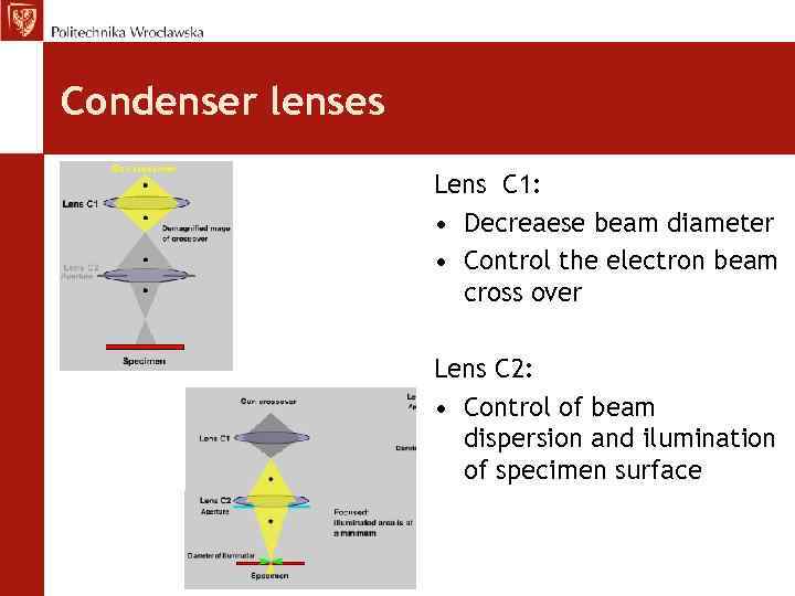 Condenser lenses Lens C 1: • Decreaese beam diameter • Control the electron beam