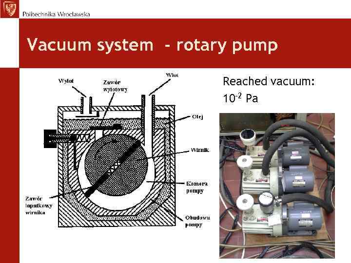 Vacuum system - rotary pump Reached vacuum: 10 -2 Pa 