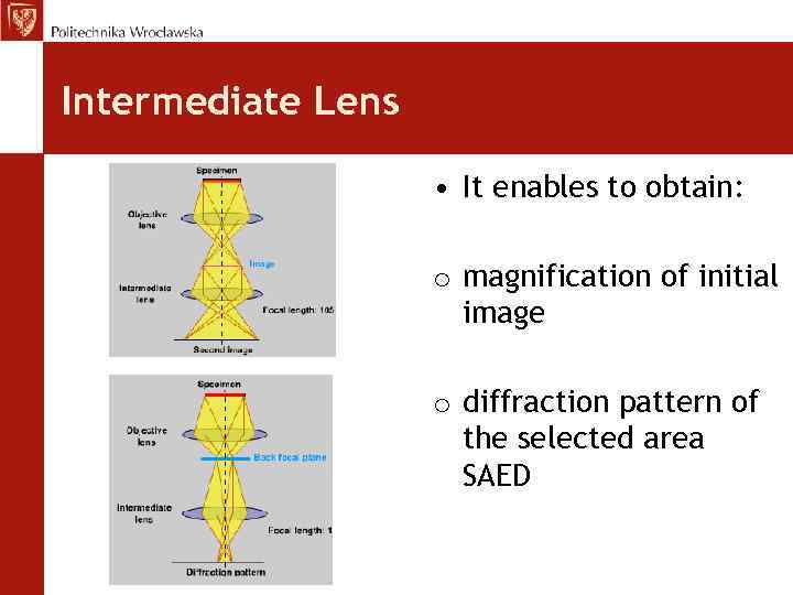 Intermediate Lens • It enables to obtain: o magnification of initial image o diffraction