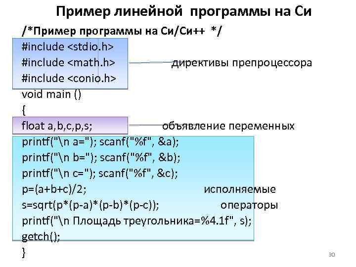 Пример линейной программы на Си /*Пример программы на Си/Си++ */ #include <stdio. h> #include