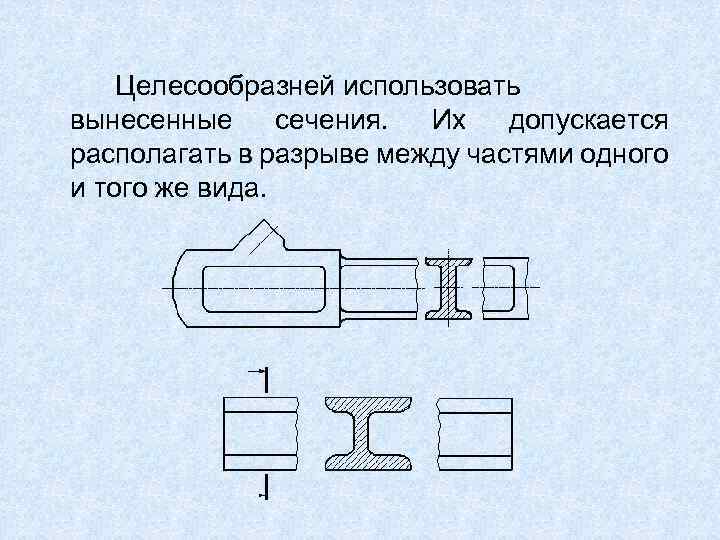 Целесообразно применять. Вынесенное сечение располагается. Вынесенное сечение в разрыве между частями вида. Вынесенное сечение допускается располагать. Сечения в разрыве одного вида.