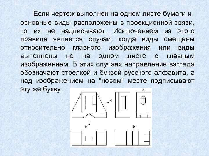 Если чертеж выполнен на одном листе бумаги и основные виды расположены в проекционной связи,