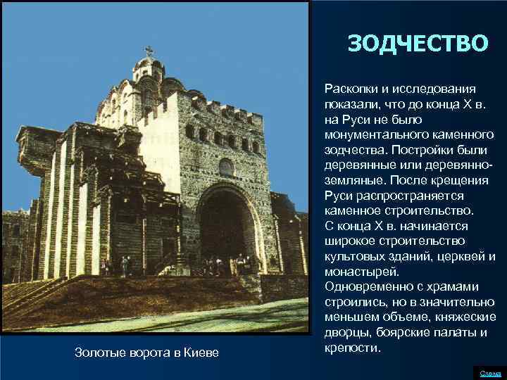 ЗОДЧЕСТВО Золотые ворота в Киеве Раскопки и исследования показали, что до конца Х в.