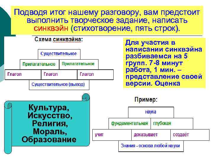 Подводя итог нашему разговору, вам предстоит выполнить творческое задание, написать синквэйн (стихотворение, пять строк).