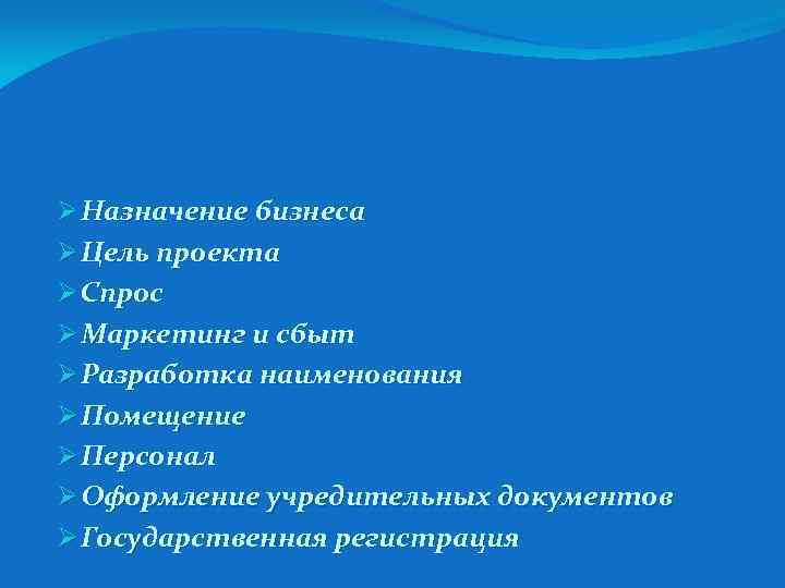 Ø Назначение бизнеса Ø Цель проекта Ø Спрос Ø Маркетинг и сбыт Ø Разработка