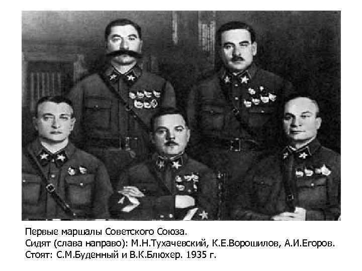 Первые маршалы Советского Союза. Сидят (слава направо): М. Н. Тухачевский, К. Е. Ворошилов, А.