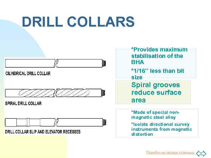 DRILL COLLARS *Provides maximum stabilisation of the BHA *1/16’’ less than bit size Spiral