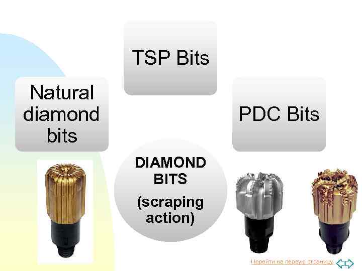 TSP Bits Natural diamond bits PDC Bits DIAMOND BITS (scraping action) Перейти на первую