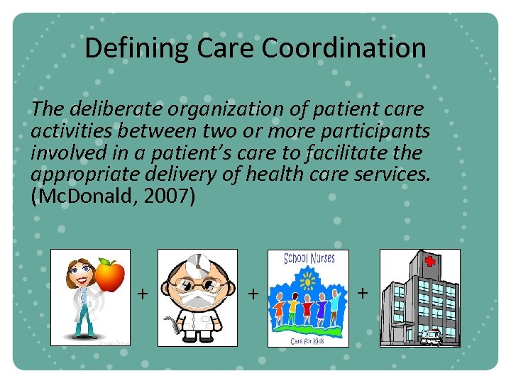 Defining Care Coordination The deliberate organization of patient care activities between two or more