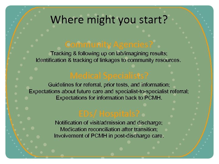Where might you start? Community Agencies? Tracking & following up on lab/imagining results; Identification