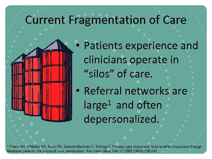 Current Fragmentation of Care • Patients experience and clinicians operate in “silos” of care.