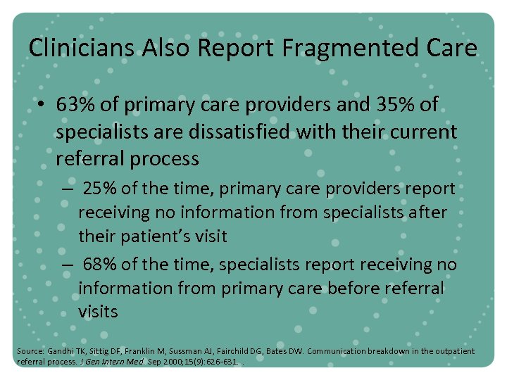Clinicians Also Report Fragmented Care • 63% of primary care providers and 35% of