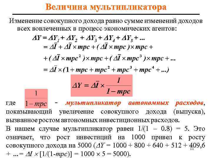 Величина мультипликатора Изменение совокупного дохода равно сумме изменений доходов всех вовлеченных в процесс экономических