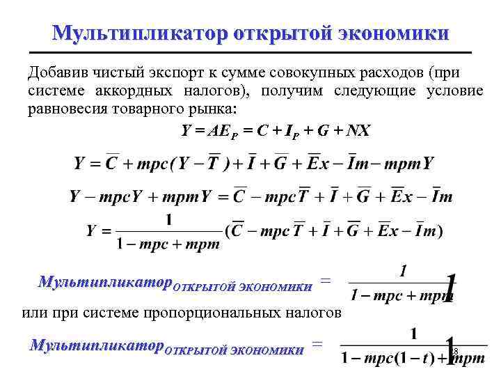 Мультипликатор открытой экономики Добавив чистый экспорт к сумме совокупных расходов (при системе аккордных налогов),