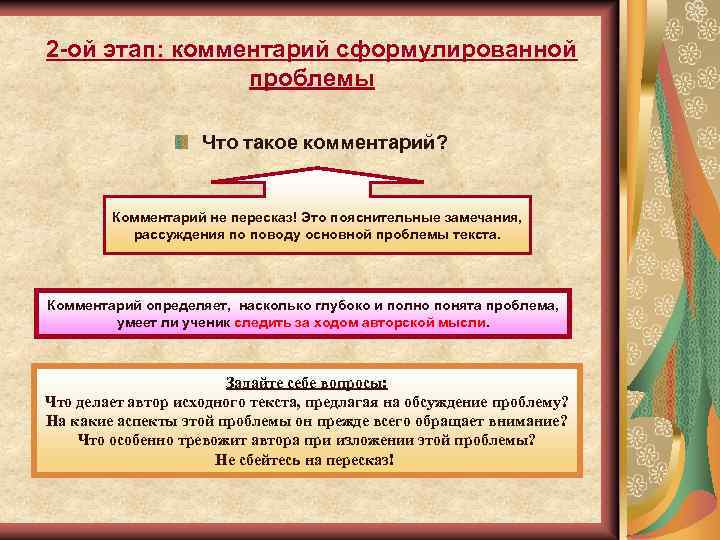 2 -ой этап: комментарий сформулированной проблемы Что такое комментарий? Комментарий не пересказ! Это пояснительные