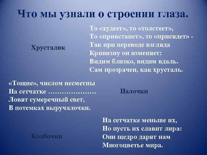 Что мы узнали о строении глаза. Хрусталик То «худеет» , то «толстеет» , То