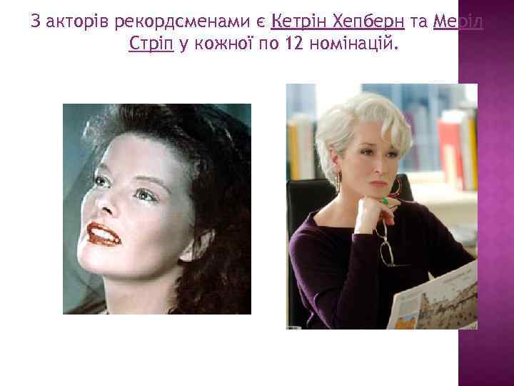 З акторів рекордсменами є Кетрін Хепберн та Меріл Стріп у кожної по 12 номінацій.