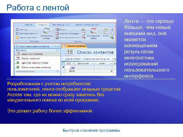 Работа с лентой Лента — это гораздо больше, чем новый внешний вид, она является