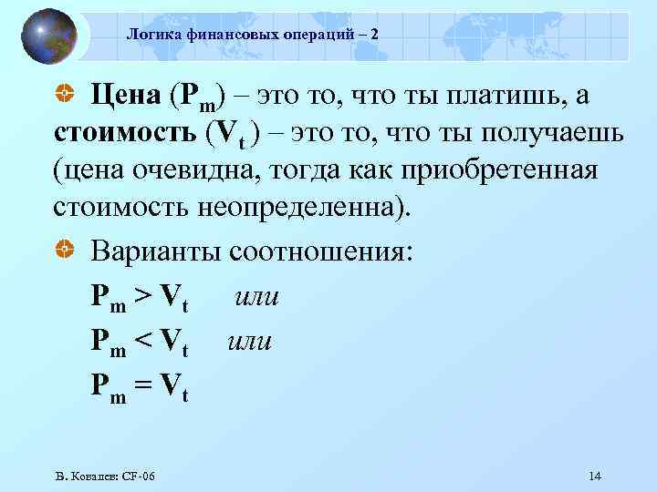 Логика финансовых операций – 2 Цена (Рm) – это то, что ты платишь, а