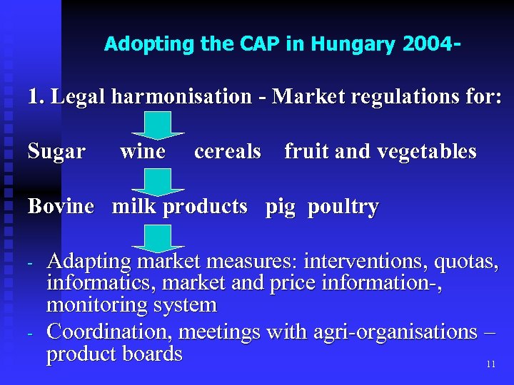 Adopting the CAP in Hungary 2004 - 1. Legal harmonisation - Market regulations for: