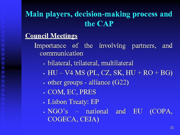 Main players, decision-making process and the CAP Council Meetings Importance of the involving partners,
