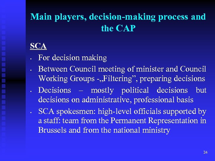 Main players, decision-making process and the CAP SCA • For decision making • Between