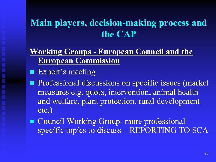 Main players, decision-making process and the CAP Working Groups - European Council and the