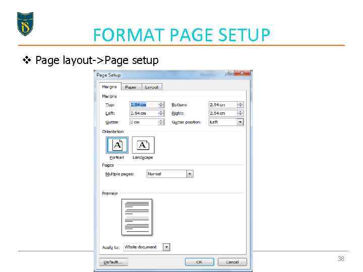 FORMAT PAGE SETUP v Page layout->Page setup 38 