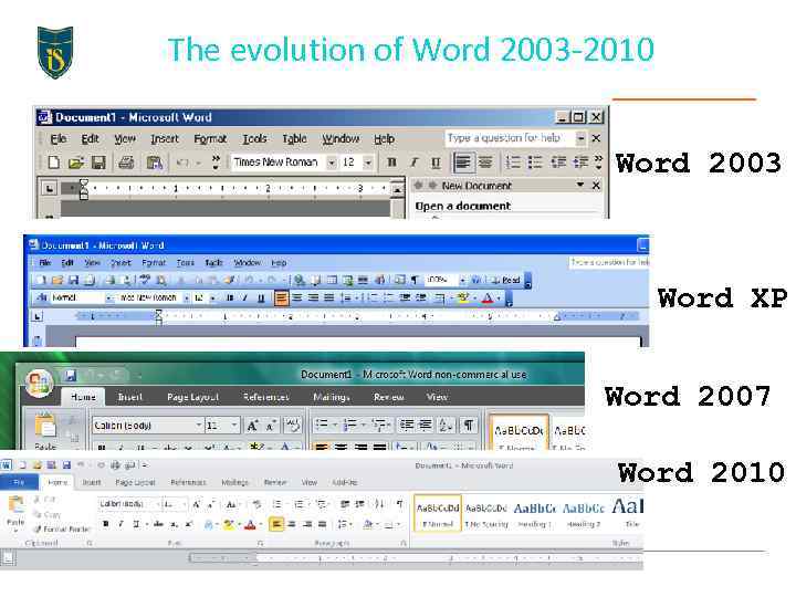 The evolution of Word 2003 -2010 Word 2003 Word XP Word 2007 Word 2010