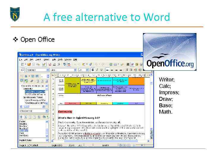 A free alternative to Word v Open Office Writer; Calc; Impress; Draw; Base; Math.