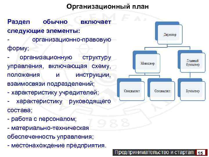 Организационный план Раздел обычно включает следующие элементы: - организационно-правовую форму; - организационную структуру управления,