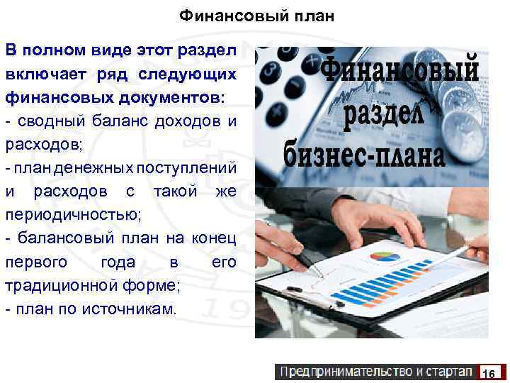 Финансовый план В полном виде этот раздел включает ряд следующих финансовых документов: - сводный