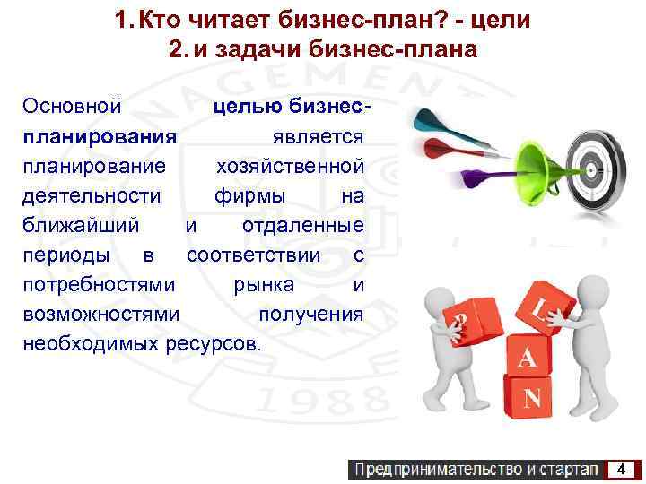 1. Кто читает бизнес-план? - цели 2. и задачи бизнес-плана Основной целью бизнеспланирования является