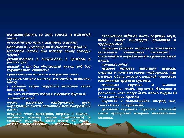 долихоцефалия, то есть голова в мозговой части относительно узка и вытянута в длину; массивный