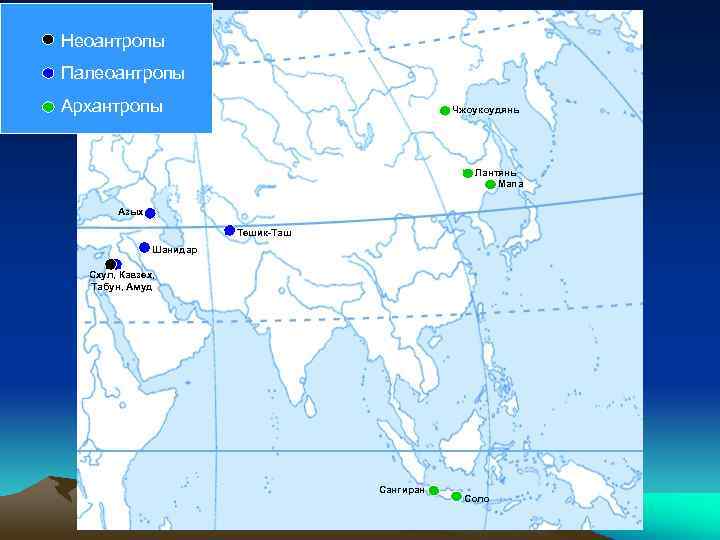 Неоантропы Палеоантропы Архантропы Чжоукоудянь Лантянь Мапа Азых Тешик-Таш Шанидар Схул, Кавзех, Табун, Амуд Сангиран