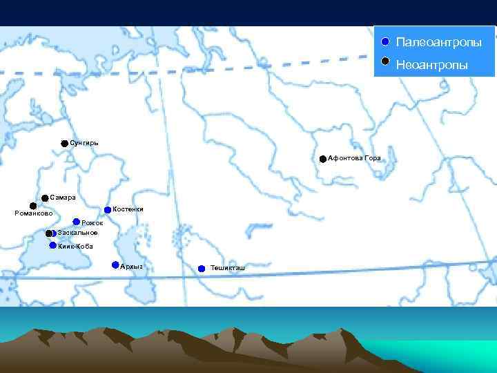 Палеоантропы Неоантропы Сунгирь Афонтова Гора Самара Костенки Романково Рожок Заскальное Киик-Коба Архыз Тешикташ 