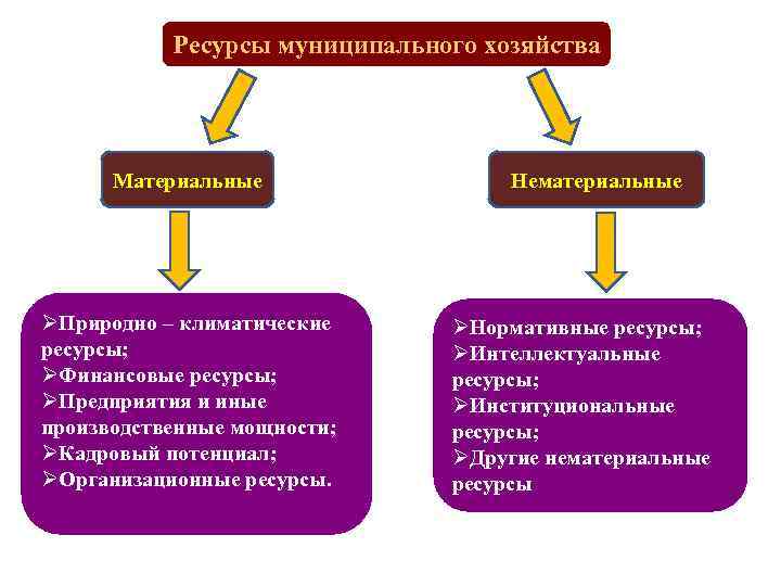 Ресурсы муниципального хозяйства Материальные ØПриродно – климатические ресурсы; ØФинансовые ресурсы; ØПредприятия и иные производственные