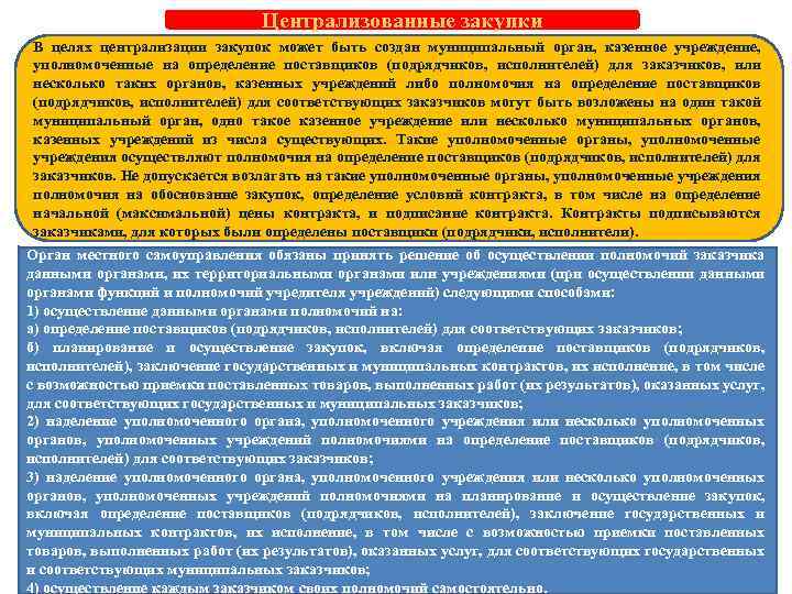 Централизованные закупки В целях централизации закупок может быть создан муниципальный орган, казенное учреждение, уполномоченные