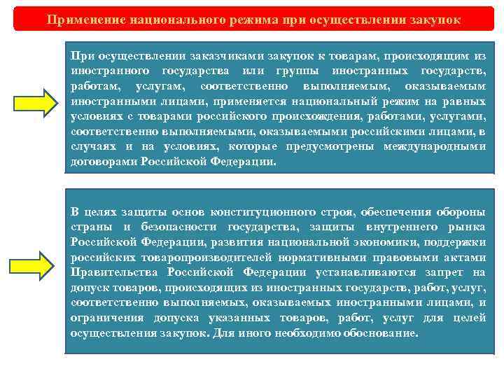 Применение национального режима при осуществлении закупок При осуществлении заказчиками закупок к товарам, происходящим из